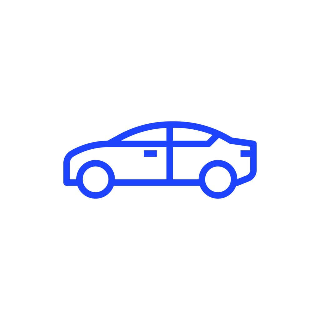 Blue line icon of a two-door car used for transportation and chauffeur service branding.