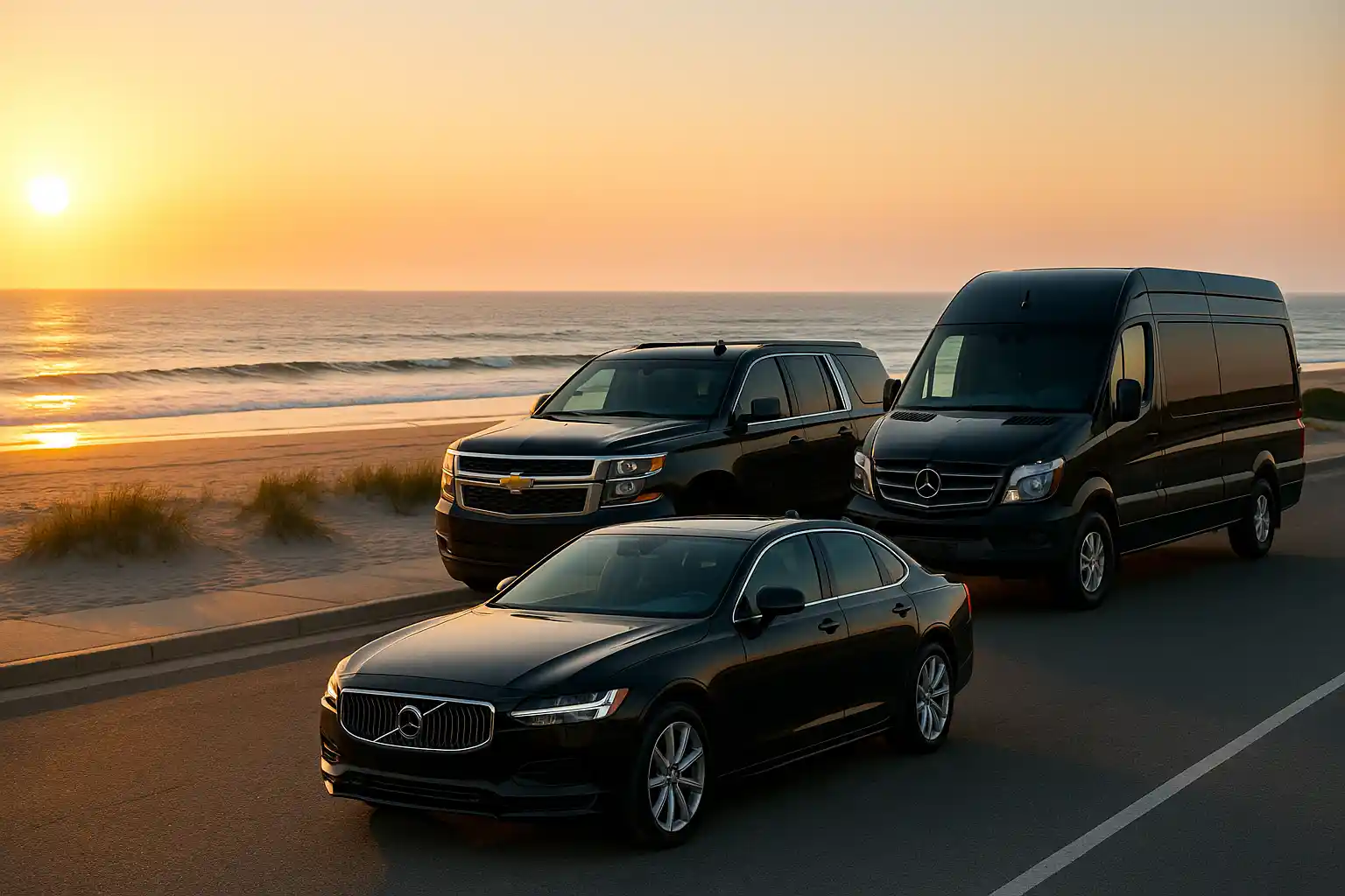 Summit Premier Limo fleet of luxury SUVs and sedans parked for coastal travel in New Jersey.
